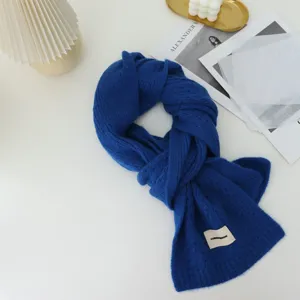 Gros plan détaillé d'une écharpe en tricot bleu confortable avec étiquette stylisée.