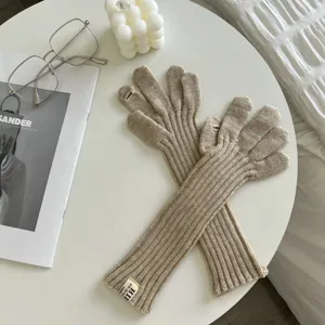 Cozy knit long fingerless gloves in beige winter warm arm warmers stylish accessory for women