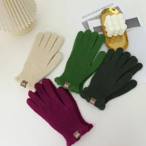 Winter warm knitted touchscreen gloves for women, cute solid color ruffles fleece lined gloves.