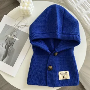 Koenigsblaue Strick Sturmhaube Kapuze Schal warme Winter Knopfmuetze fuer Damen Stilvoll
