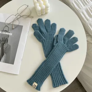 Women winter warm knitted gloves long blue grey solid color finger split wrist guard chic