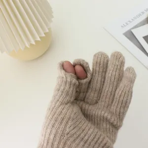 Knitted half-finger touchscreen gloves in khaki, cozy winter thermal ribbed design for women.