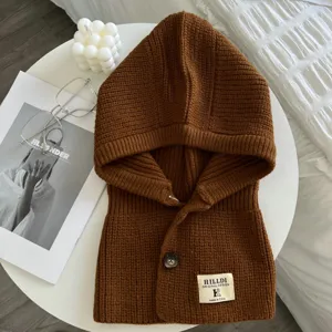 Brauner Strick Kapuzenschal Winter warmer Knopf Balaclava Hut dicker Nackenschutz