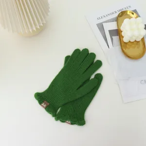 Green knitted gloves for women winter warm touch screen ruffles cozy fashion accessories daily