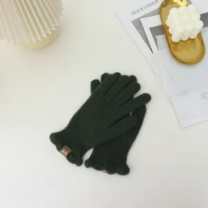 Dark green knit gloves with cute ruffle cuffs, warm winter touchscreen gloves for women.