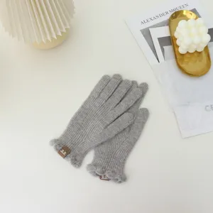 Grey knit gloves detail, winter warm split-finger wool mittens with cute ruffle cuff.