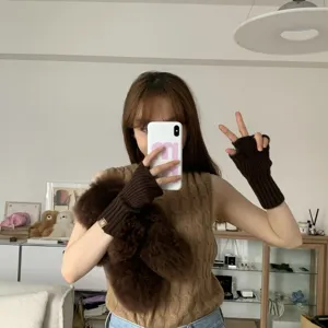 Half-finger knit gloves for women, autumn winter thick warm fingerless mittens arm warmers.