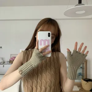 Knit fingerless gloves detailed view, khaki warm winter arm warmers for daily wear.