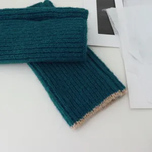 Dark green fingerless knit gloves with contrast trim, warm short winter hand warmers for daily.