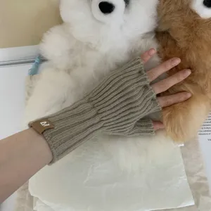 Knitted fingerless gloves for women winter warm solid color stylish arm warmers detail