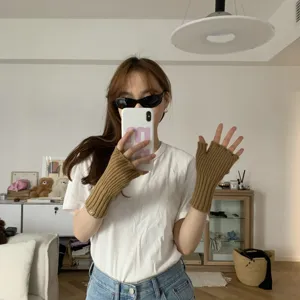 Women winter thick knit fingerless gloves brown warm half finger gloves daily wear detail view