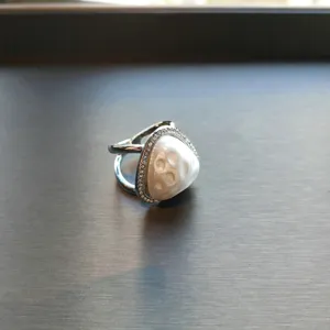 Versatile rhinestone triangle pearl scarf buckle ring, elegant silver tone metal detail view.