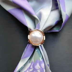 Elegant pearl metal scarf ring buckle for women, versatile brooch pin for silk shawls and neckerchiefs.