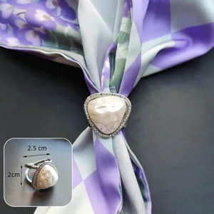 Detailed shot of triangle pearl rhinestone scarf ring buckle, showing close-up size and texture.
