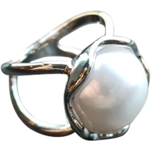Elegant metal scarf buckle and ring featuring a large white pearl and unique irregular open design.