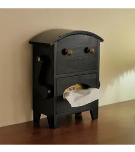 Solid wood tissue box desktop storage drawer creative robot paper holder home decor.