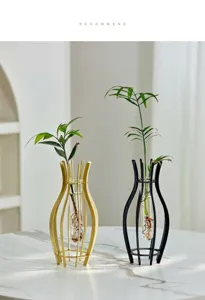 Modern minimalist glass hydroponic metal vase, luxury desktop and dining table ornament.