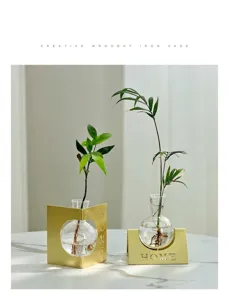 Modern minimalist glass hydroponic vase with gold metal geometric stand for desktop plant decor.
