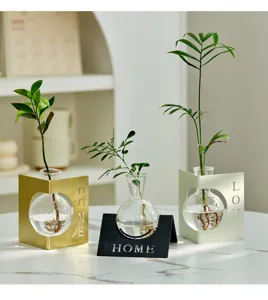 Modern glass hydroponic vase set with metal stand desktop plant terrarium home decor.