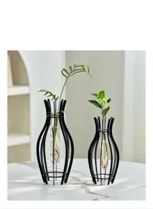 Glass test tube hydro-culture metal vase detail, minimalist home desktop plant decor display.