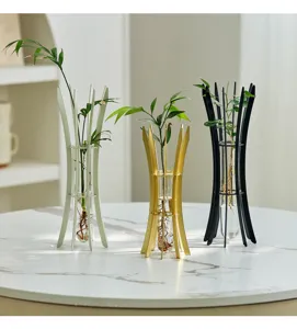 Modern metal and glass hydroponic vase detail, elegant desktop plant container decor for home.
