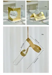 Metal stand glass hydroponic vase dimension details and size specification product chart.