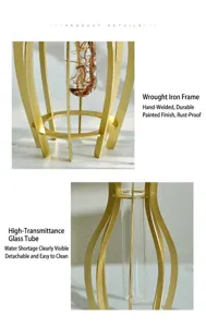 Metal frame glass test tube hydroponic vase detail view, modern minimalist decor.