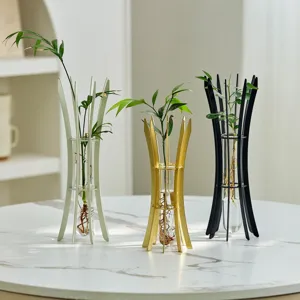 Modern minimalist glass hydroponic metal vase set, elegant desktop flower decor for home room.