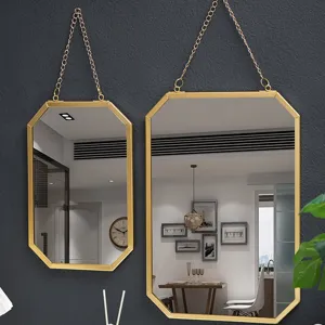 Nordic iron wall mirror set with golden octagonal frame and chain for bathroom bedroom.