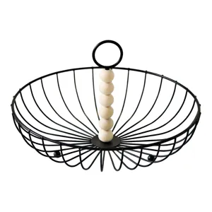 Nordic style black wire fruit basket with wooden beads handle, large round metal snack bowl