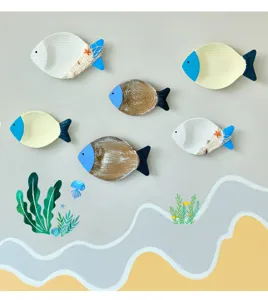Wooden 3D fish wall art details, Mediterranean nautical hanging decor for room wall style.