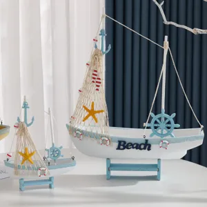 Modelo de velero de madera mediterraneo azul blanco decoracion de mesa nautica 2 pzas