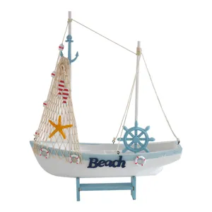 Modelo de velero de madera mediterraneo decoracion de hogar nautico adorno azul y blanco