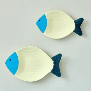Wooden fish wall hanging 3D decor Mediterranean style blue beige home living room art piece