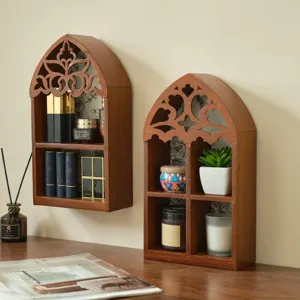 Wooden wall shelf arch hollow display rack vintage home decor floating shelves organizers
