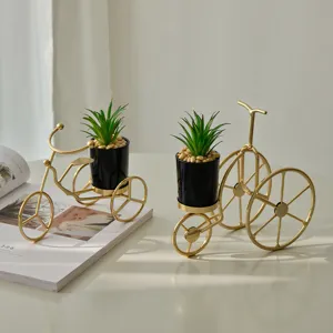 Golden iron bicycle planter set, modern creative desktop potted plant home decor for living room.