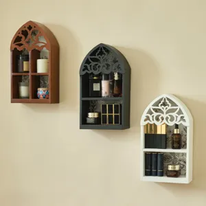 Wooden Gothic Arch Wall Shelf Crystal Display Storage Rack Hollow Home Wall Decoration