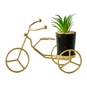 Gold iron bicycle plant stand with black pot, modern decorative ornament for home living room decor.