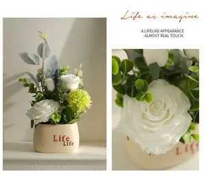 Detailed view of Nordic artificial potted plant with white roses and green leaves for desktop decor.