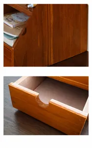 Dettaglio dell'organizer da scrivania in legno massello con finitura liscia e comodo cassetto.