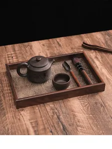 Retro wooden tea tray with glass begonia pattern, teapot and cup set for home tea and snacks.