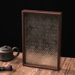 Vintage Rectangular Wooden Serving Tray With Embossed Glass Bottom Retro Decorative Tea Food Storage Tray For Home Kitchen