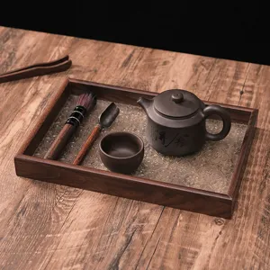 Retro wooden rectangular tea tray with begonia glass pattern for home tea set and dessert serving.