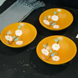 Hand-painted wooden fruit bowl round decorative snack dish for home desktop candy serving tray.