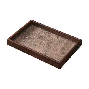 Vintage wooden rectangular tray with begonia patterned glass for home tea cups and snacks display.