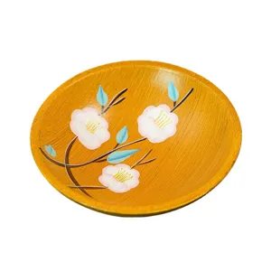 Hand-painted round wooden fruit tray, decorative snack and dry fruit plate for home desktop.