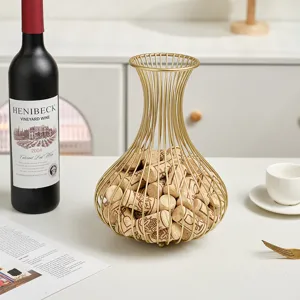 Gold wire wine cork storage basket decorative metal bottle stopper holder container for home bar