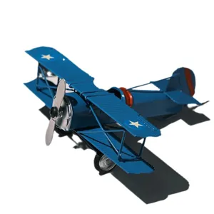 Vintage iron biplane model retro fighter aircraft toy desktop home decor ornament blue