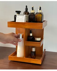 Wooden 360 rotating cosmetic organizer desktop skincare storage rack multi-layer makeup holder.