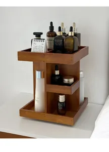 360 degree rotating wooden cosmetic organizer for desktop vanity skincare storage detail view